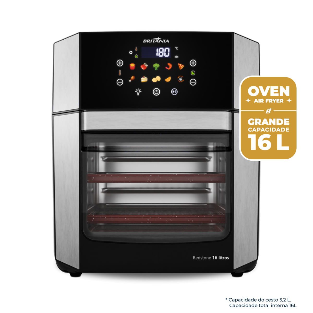 Fritadeira Elétrica Air Fryer Britânia Oven BAF16A 4 em 1 Sem Óleo com Tecnologia Air Flow 1900W - 16 litros Inox,Preto / 220