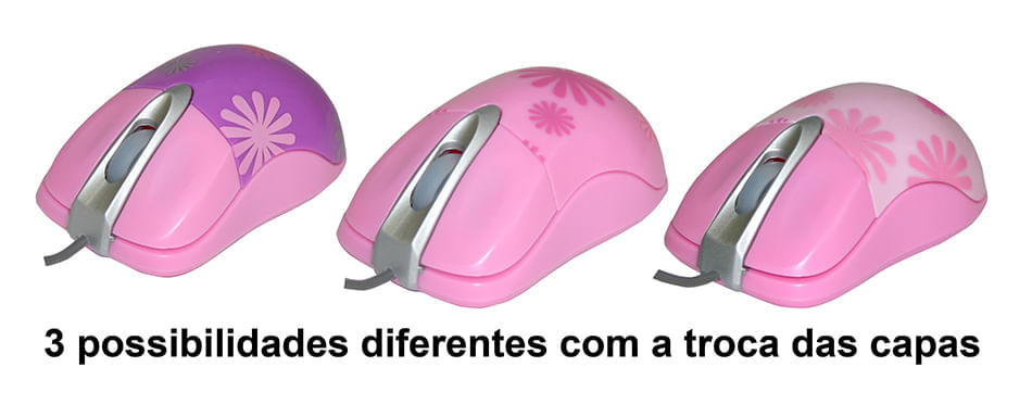 Foto 2 de Mouse óptico USB na cor rosa com 2 capinhas extras