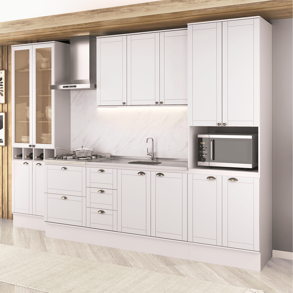 Armário de Cozinha Completa com Balcão Milla Essence Light Carraro Branco
