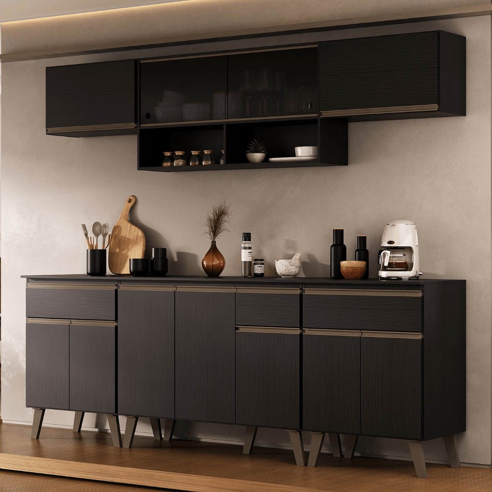 Armário de Cozinha Completa Atlanta Smart c Vidro Carraro Preto Touch