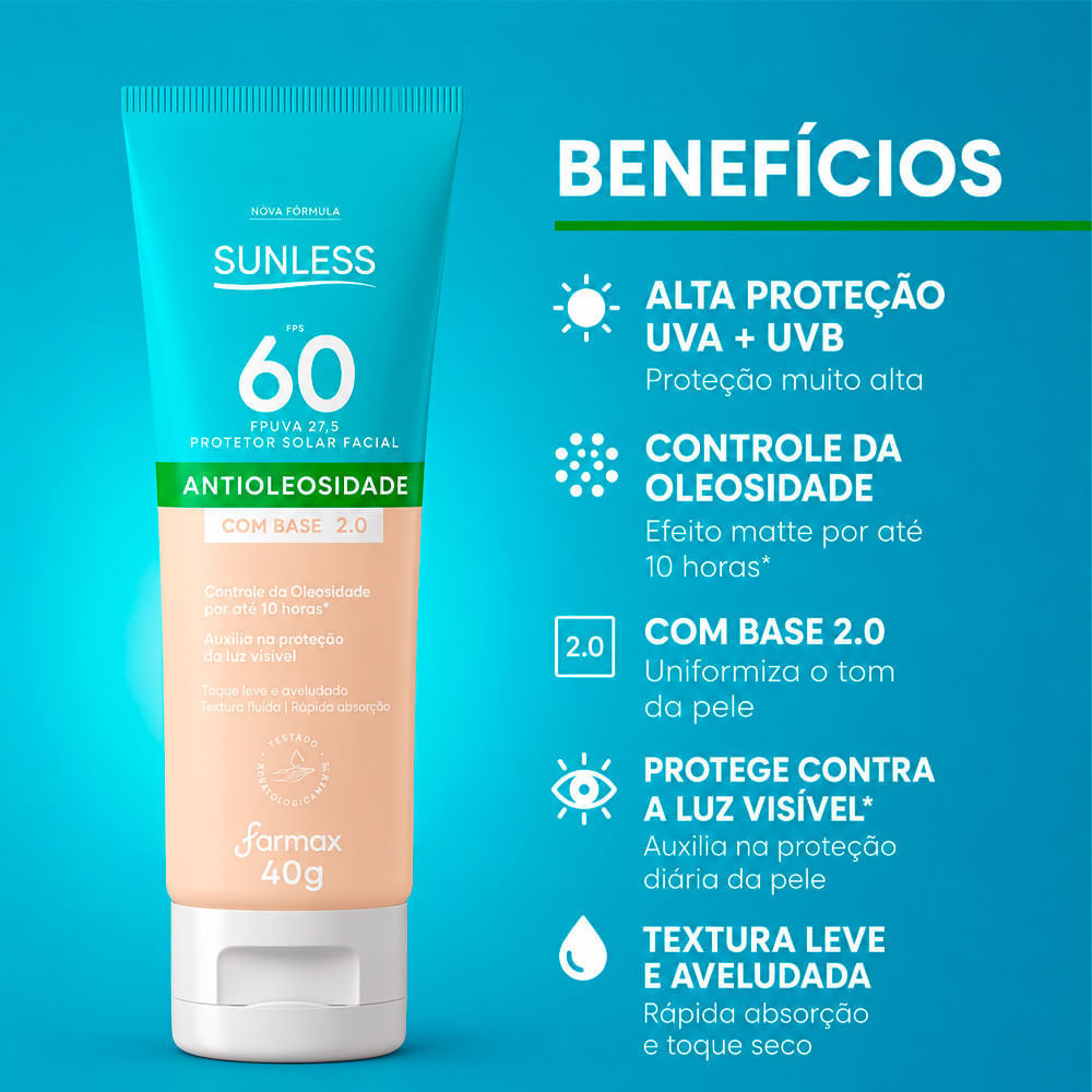 Foto 2 de Protetor Solar Facial Sunless FPS 60 Cor 2.0 40g
