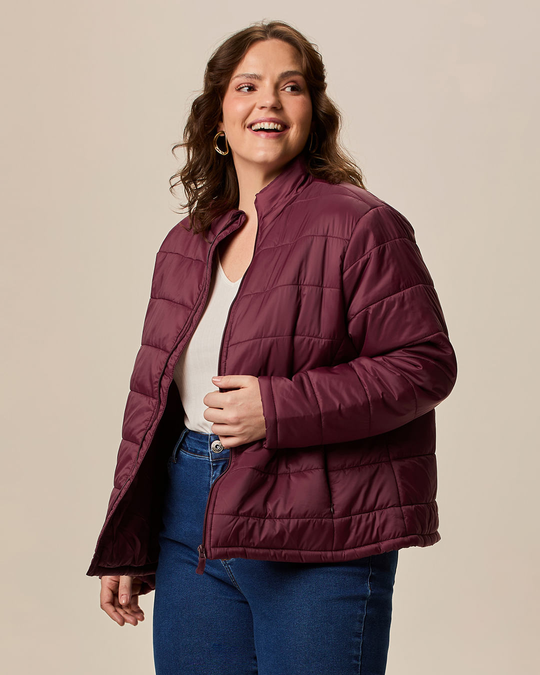 Jaqueta Básica Feminina Plus Size Puffer Gola Alta Em Nylon — Vermelho - G1