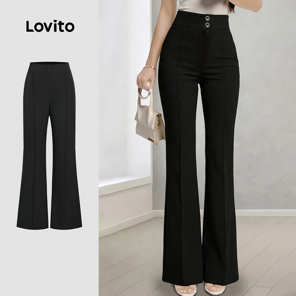 Lovito Calça Casual com Zíper Preta Primavera/verão para mulheres L195ED117