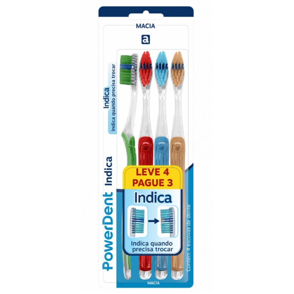Kit Escova de Dente PowerDent Mais Indica Macia 4 Unidades