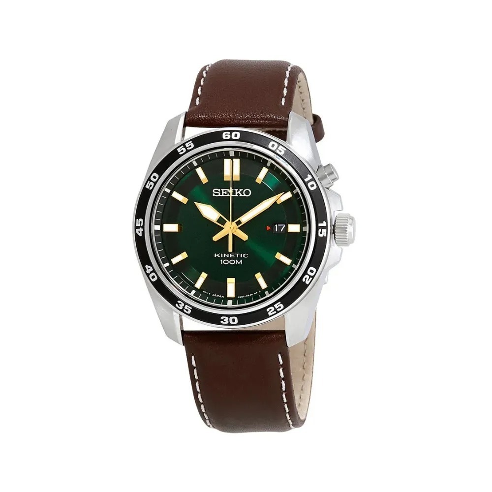 Relógio Seiko Kinetic Green Dial Brown Leather 42mm — Único, Novo