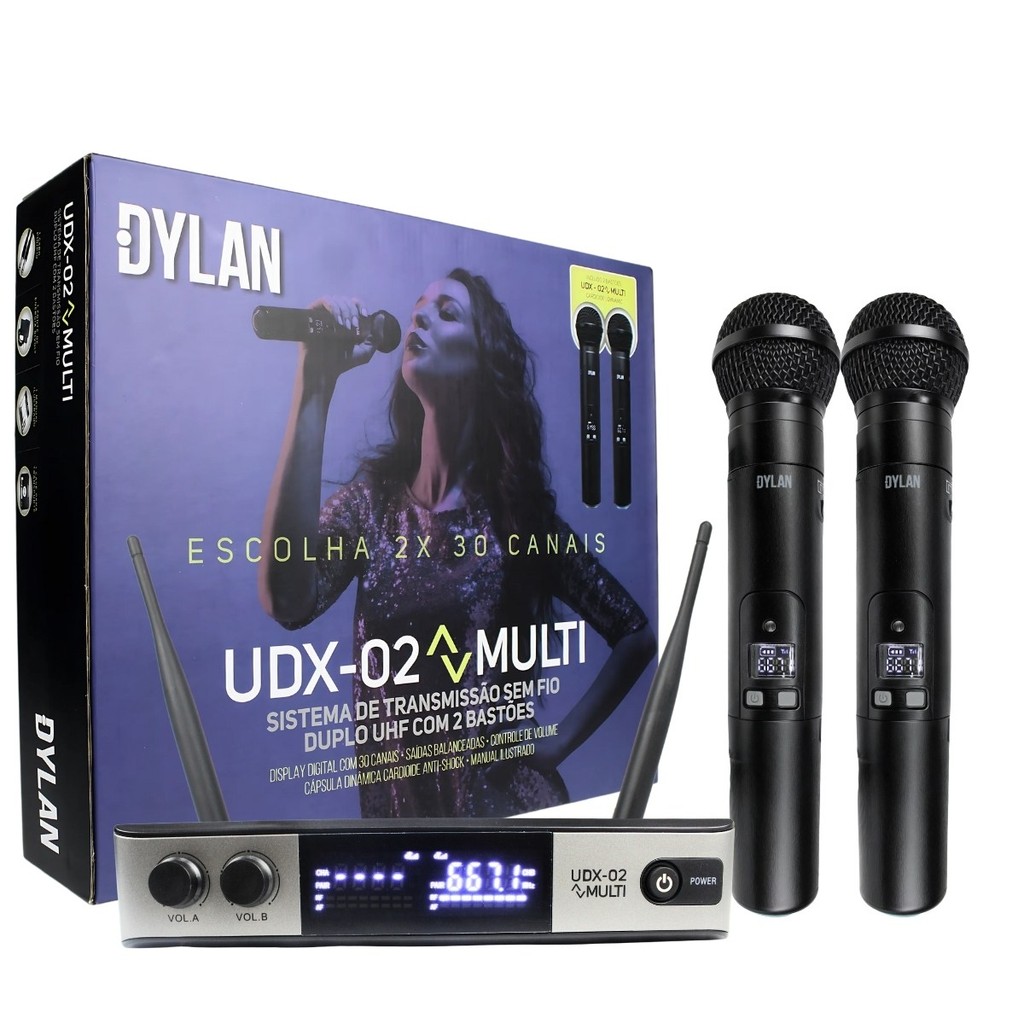Microfone Sem Fio Duplo Dylan Udx02 Multi Dinâmico Cardioide
