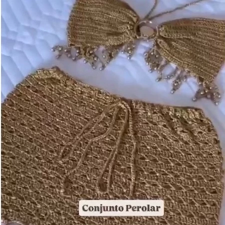 Conjunto Pérola em crochê, com apliques de pérolas