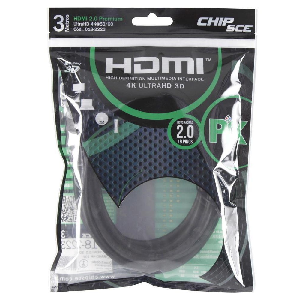 Cabo HDMI 2.0 Premium - 3 metros - 19 pinos - 4K UltraHD 3D - Chip SCE 018-2223
