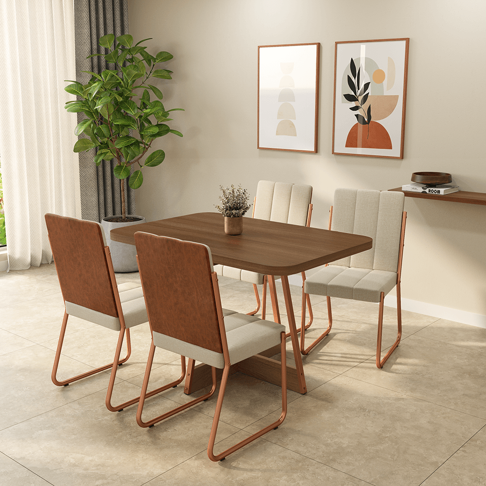 Conjunto Sala de Jantar 4 Cadeiras Vick Carraro Nogal Rosê