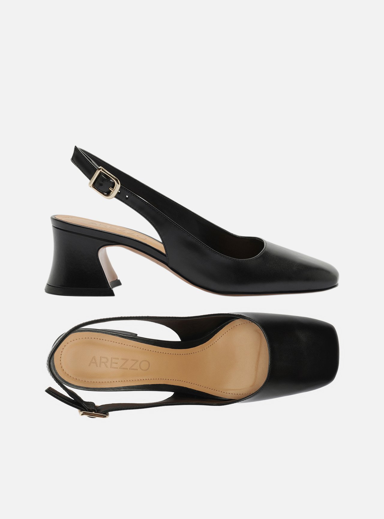 Foto 5 de Scarpin Preto Couro Bloco Bico Quadrado Slingback