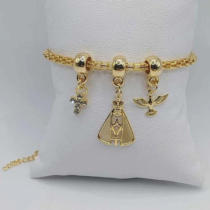 Pulseira Nossa Senhora Aparecida Feminina Folheada a Ouro Religiosa Presente Fé Proteção Devocional