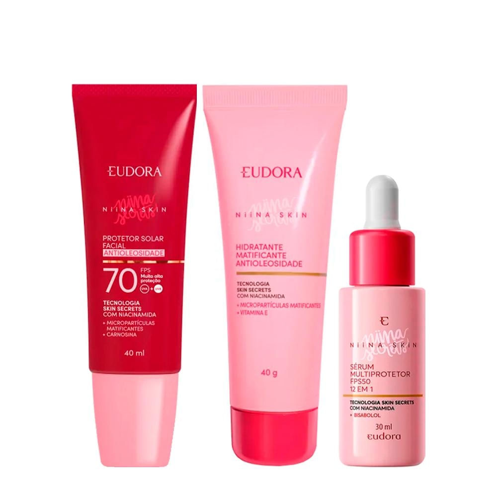 Kit Eudora Niina Secrets Skin Cuidado Básico - Sérum Facial 30ml + Creme Faci — Kit Eudora Niina Secrets Skin Cuidado Básico - Sérum Facial 30ml + Creme Facial 40g + Protetor Solar