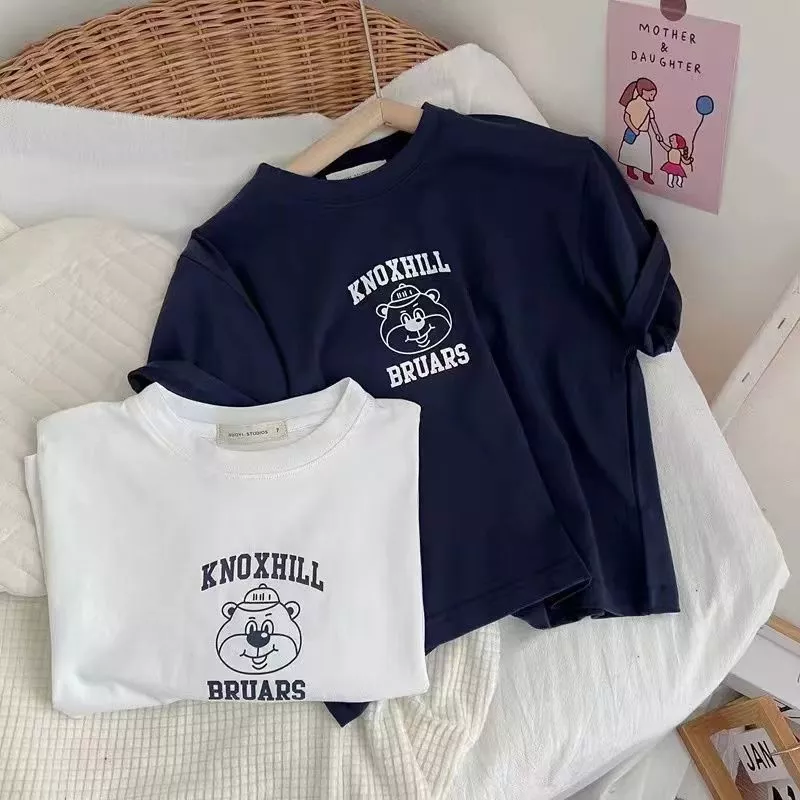 2026 crianças camiseta de manga curta bonito urso topo verão em torno do pescoço meia manga pequeno médio crianças