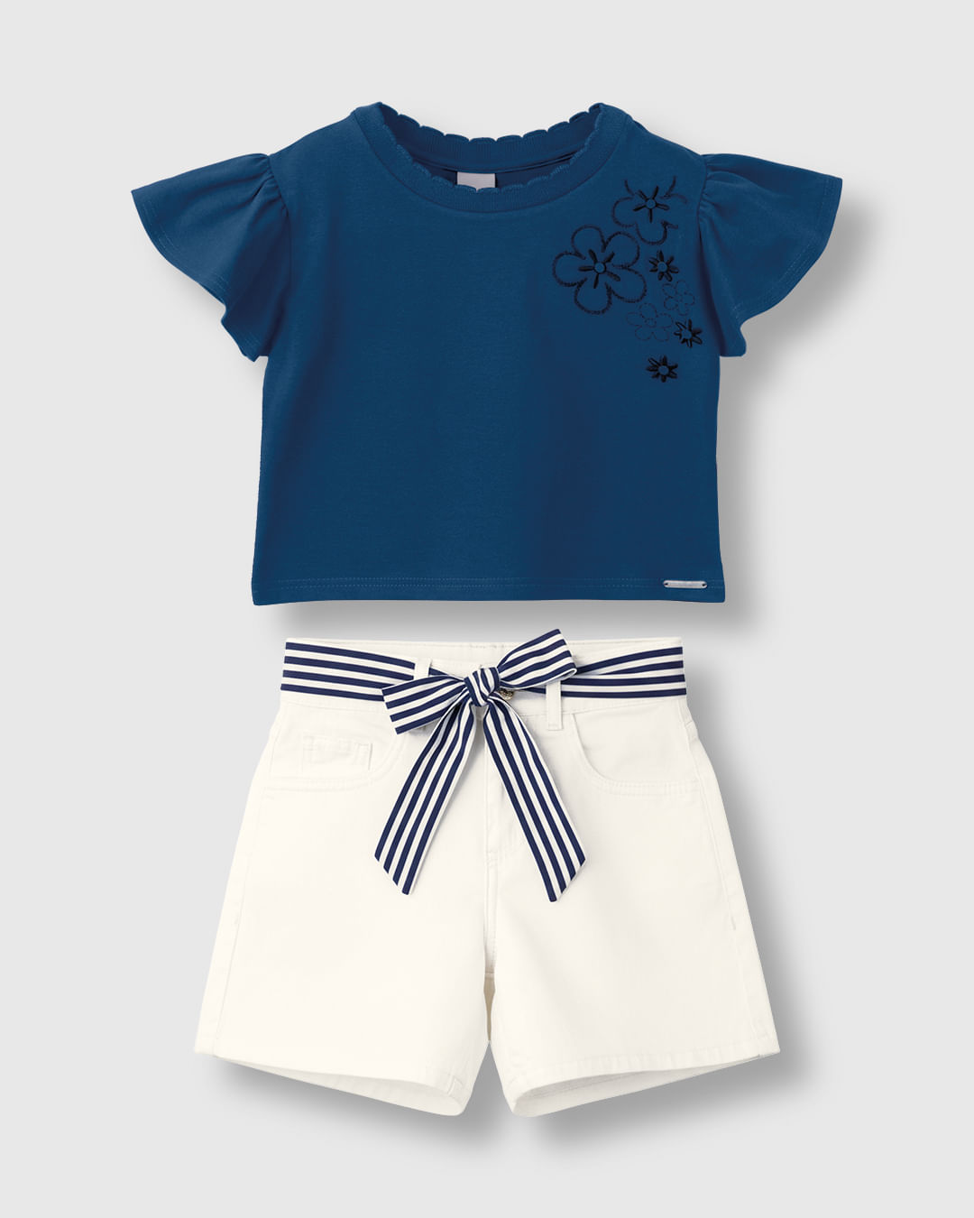 Conjunto Menina Shorts Com Cinto Listrado Em Sarja Stretch - Carinhoso — Azul - 8