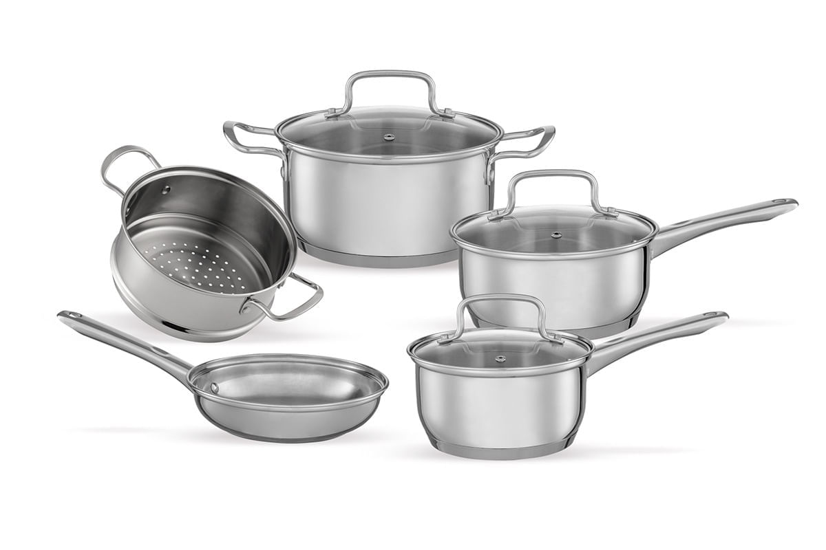 Jogo de Panelas Brinox Aço Inoxidável Fundo Triplo 5 Peças Jasmin com Indução Inox Inox