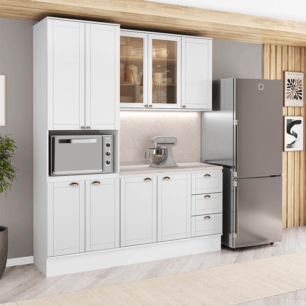 Armário de Cozinha Completa com Balcão Milla Linen Carraro Branco