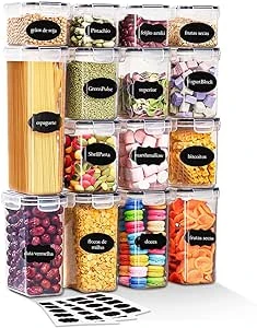 Kit 15 Potes Herméticos Para Mantimentos Com Etiquetas E Caneta, Organizadores De Despensa Empilháveis, Vedação Com Silicone, Recipientes Para Cozinha, Armário E Alimentos