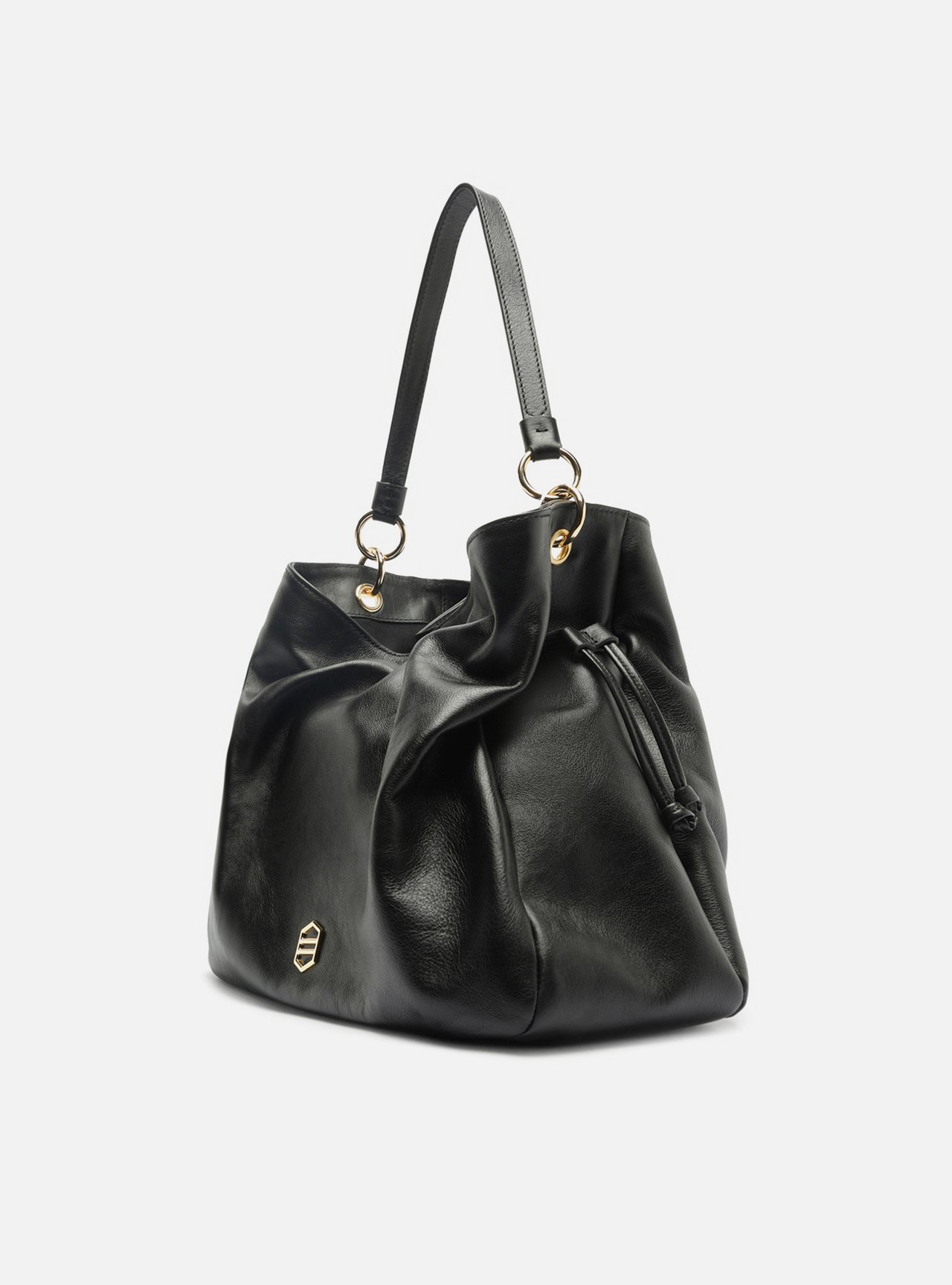 Foto 2 de Bolsa Hobo Preta Couro Grande Franzida