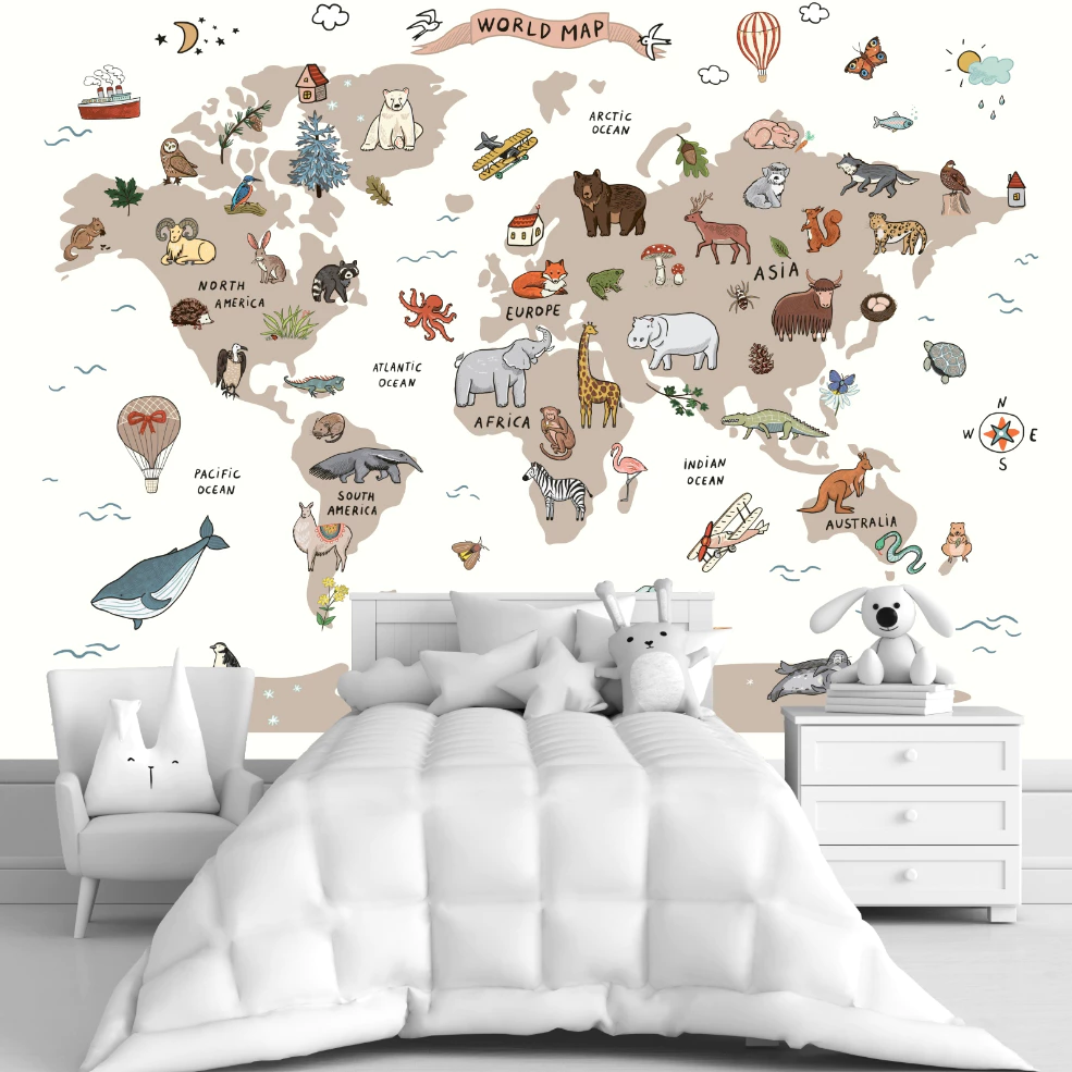 Papel de Parede Adesivo Mapa Safari Infantil LUXO Autocolante Lavável Mapa Mundi Animal m² - inf06