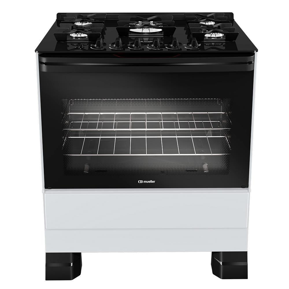 Fogão de Piso 5 Bocas a Gás Mueller MFV5BF Mesa de Vidro Temperado Branco Bivolt