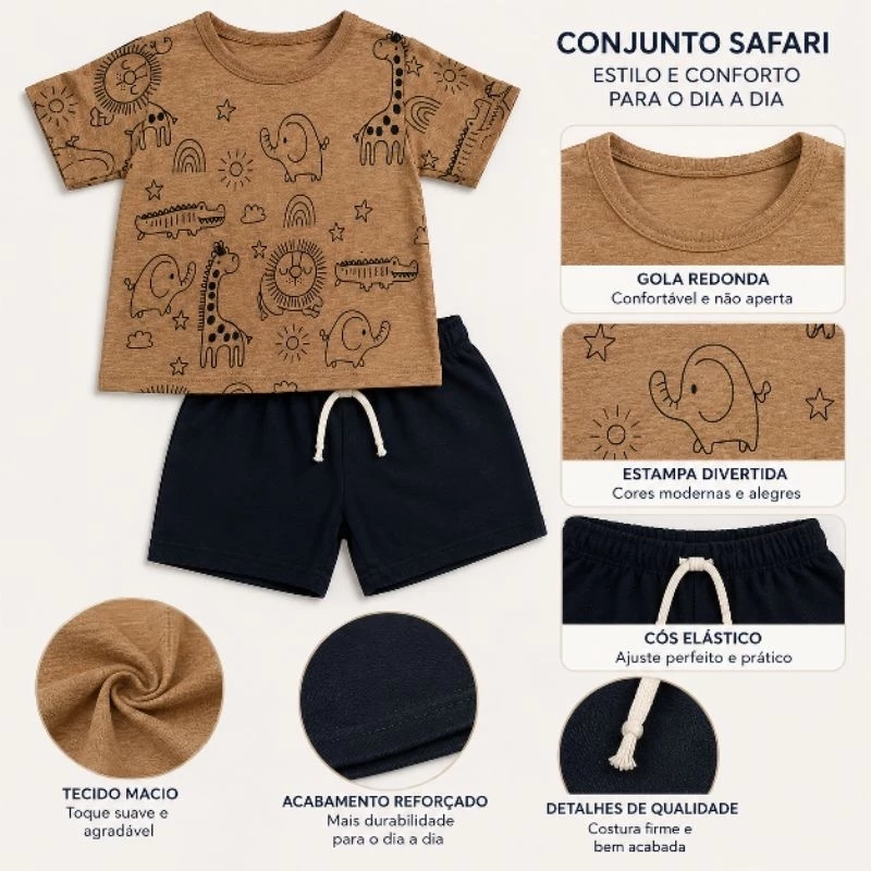 Kit 2 Peças Roupa Bebê Conjunto Camiseta e Bermuda 3 á 6 meses