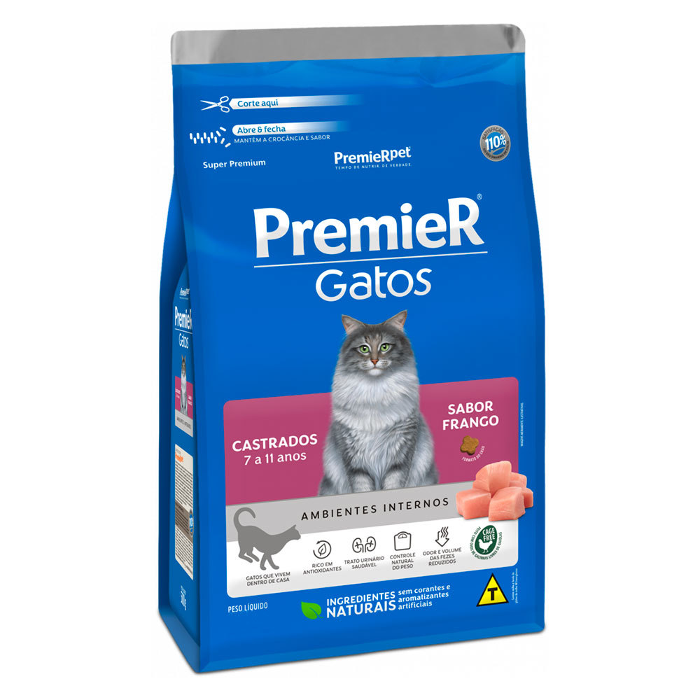 Ração Premier Gatos Castrados 7 a 11 Anos Ambientes Internos Frango 7,5kg