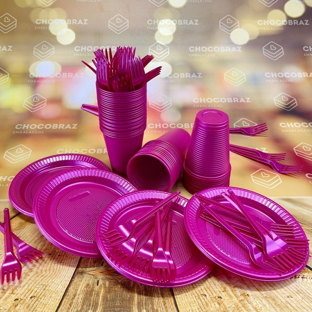 Kit Festa 50 PESSOAS DESCARTAVEIS FUCSIA PEROLADO GARFO + PRATO + COPO (CHOCO)