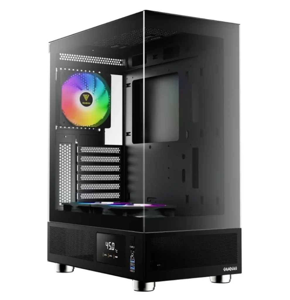 Gabinete Gamer Gamdias Atlas E1 Preto com 3 Fans 120mm ARGB – Display integrado para monitoramento de temperaturas dos componentes