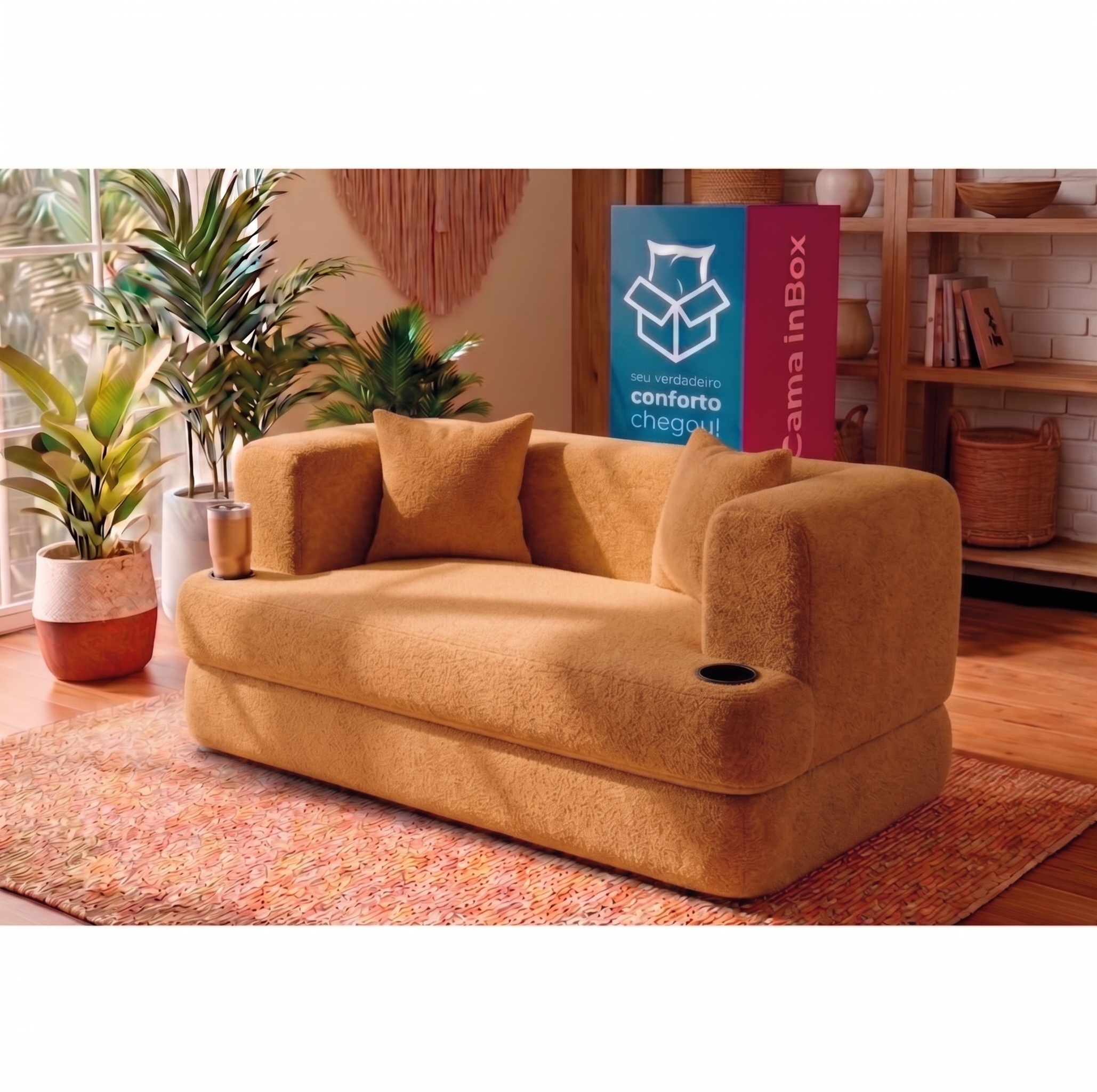 Sofá Cama Muna Xpand Tech Tecido Bouclê Cama inBox - Caramelo / 1,50m