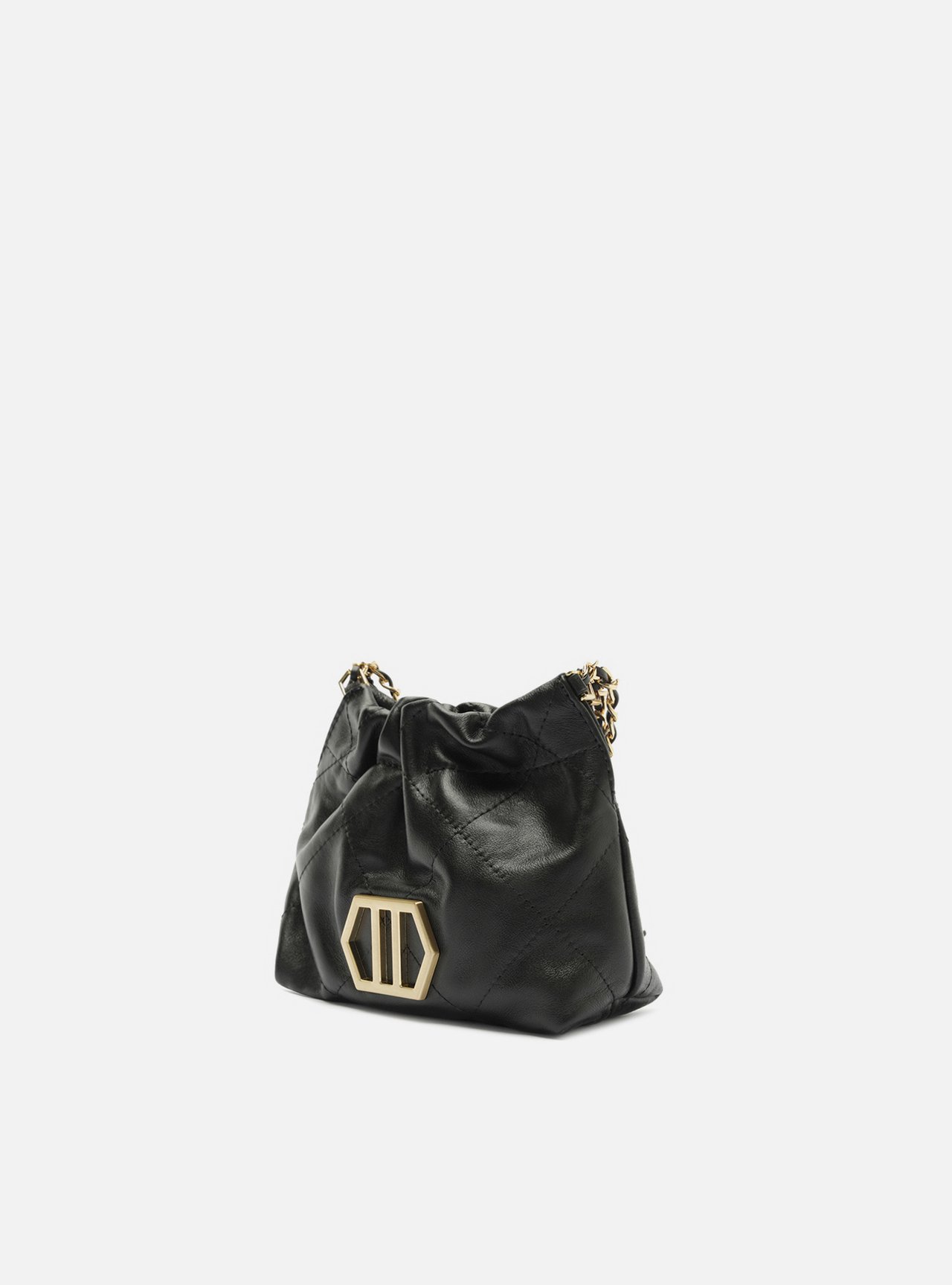 Foto 2 de Bolsa Tiracolo Preta Couro Pequena Corrente Dourada