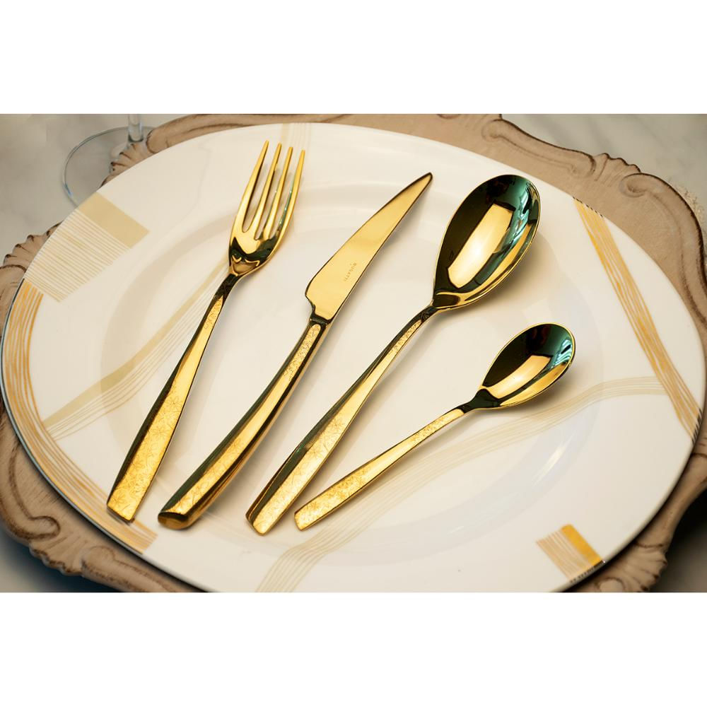 Foto 2 de Jogo 24 Pçs Talheres Decorado Cozinha Dourado Vento Bugatti