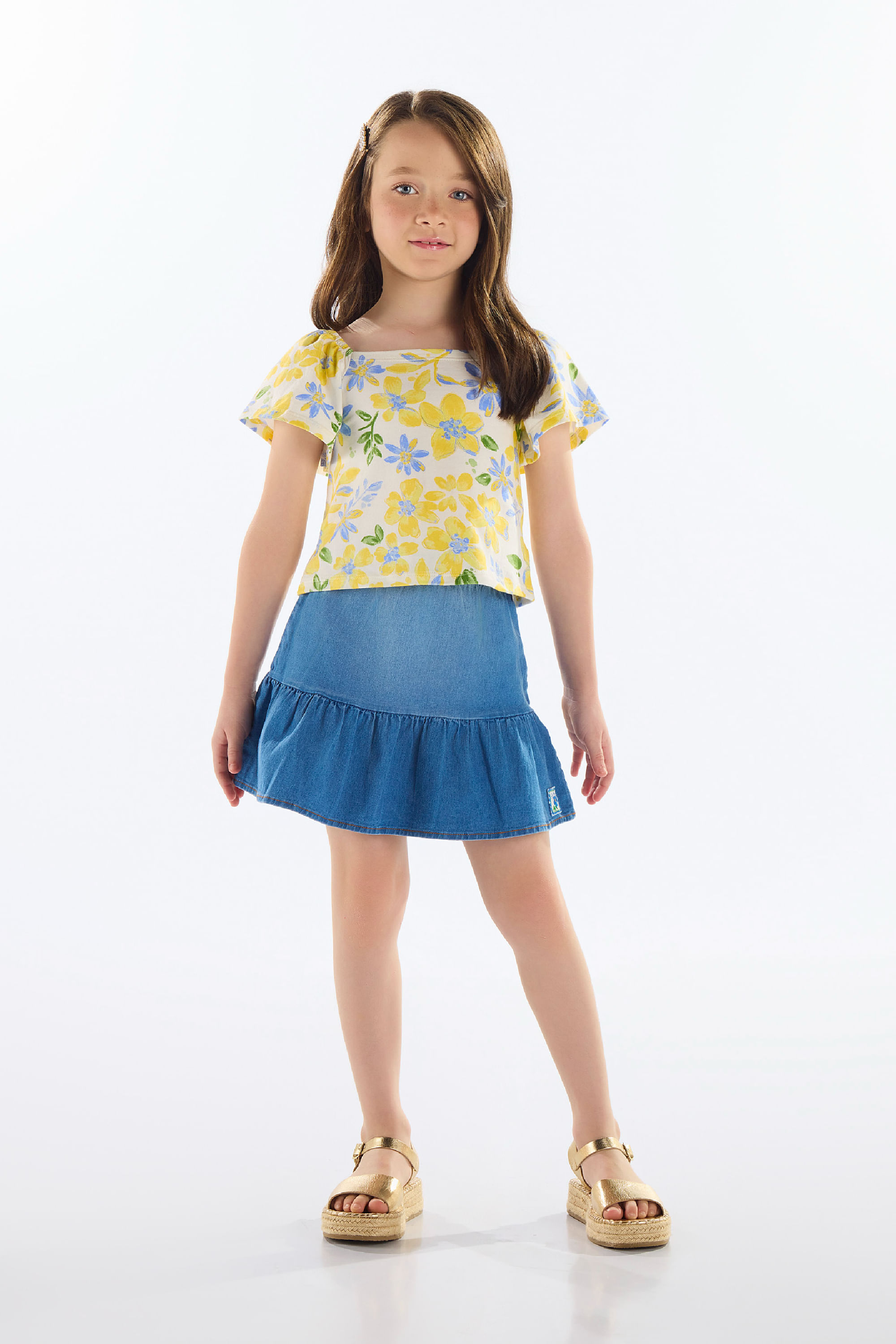 Conjunto com Blusa e Saia Jeans Infantil (Amarelo) Quimby — 04