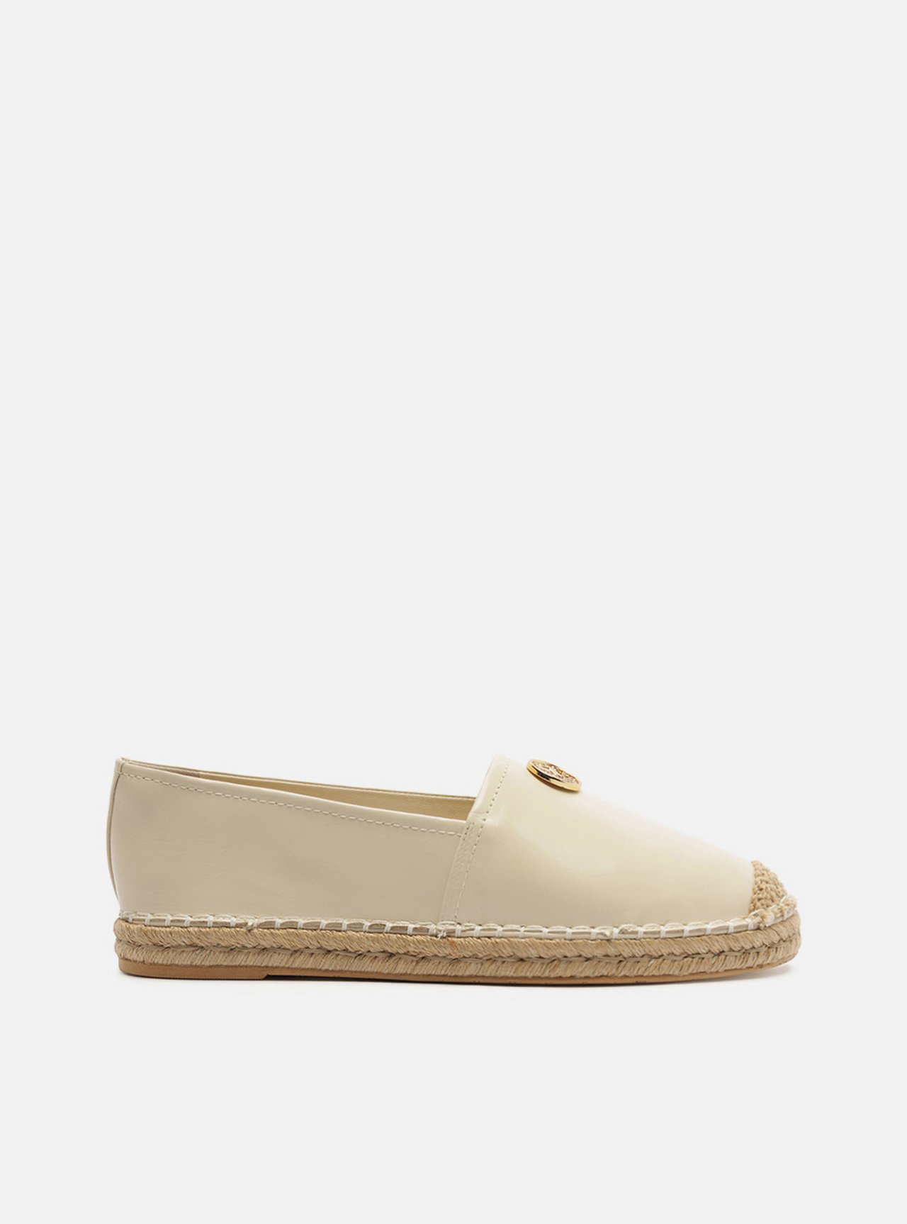 Espadrille Branca Couro Salto Rasteiro Metais
