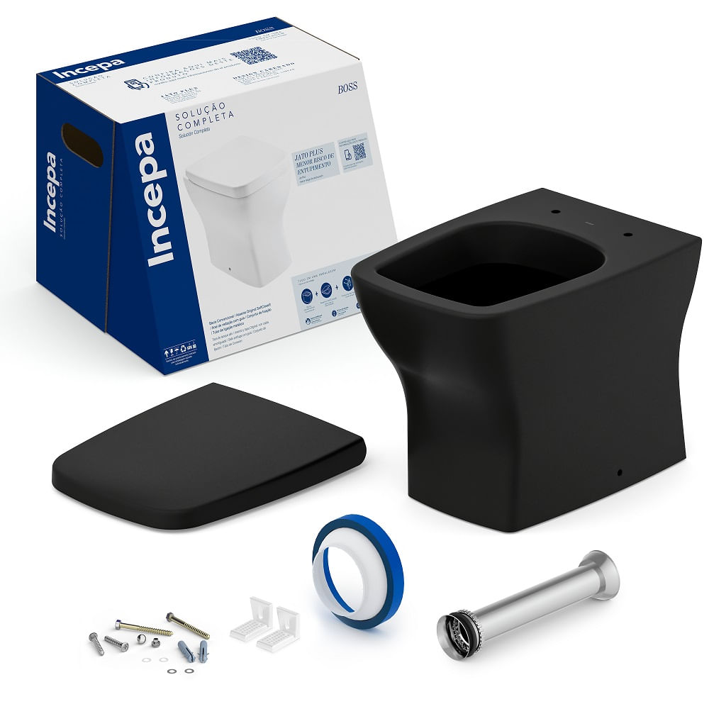 Kit Vaso Sanitário Convencional com Complementos de Instalação e Assento Boss Preto Mtbk