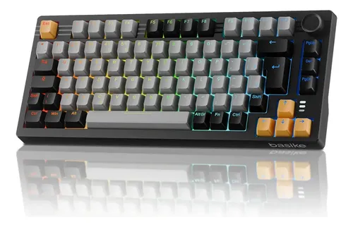 Teclado Mecânico Gamer Sem Fio Basike Abnt2 RGB, 75% 82 Teclas Bluetooth/Wireless/USB, Anti Ghosting Usb Teclado com Knob Programável para Pc Notebook Mac Ps4, Preto