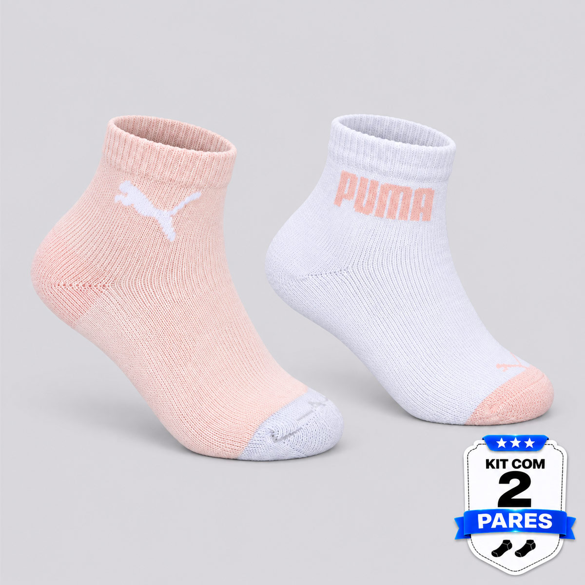 Kit Meia Puma Cano Médio 2 Pares Infantil Rosa e Branca