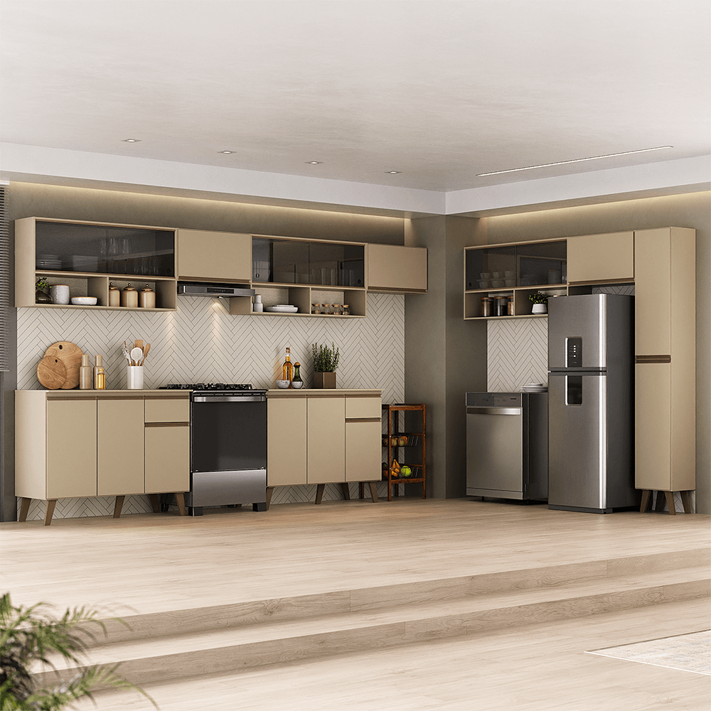 Armário de Cozinha Completa Atlanta Core com Vidro Carraro Amêndoa