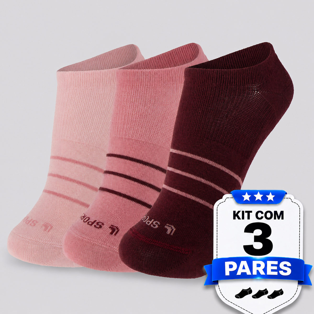 Kit Meia Lupo Sport Sapatilha 3 Pares Feminina Rosa e Bordô
