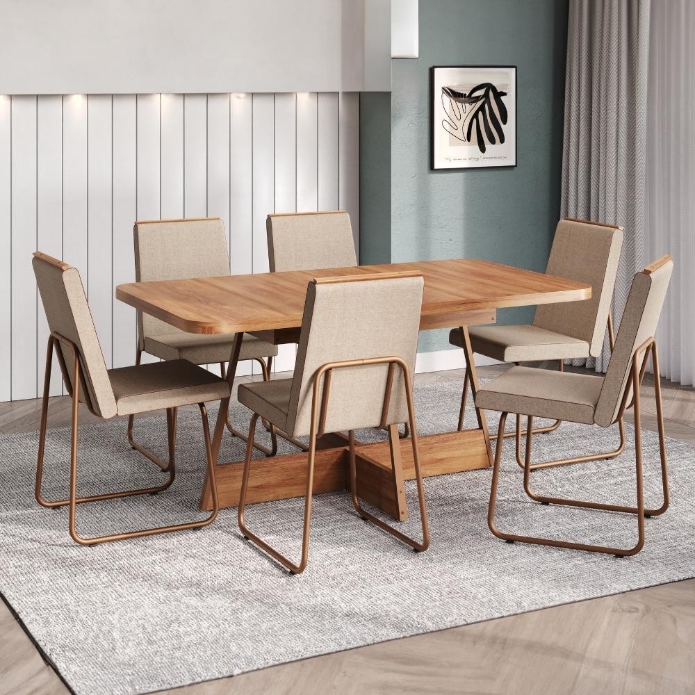 Conjunto Sala de Jantar 6 Cadeiras Arezzo Carraro Nogal e Rosê