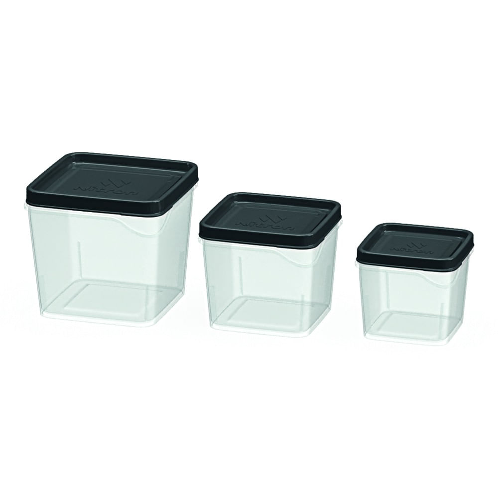 Conjunto Potes Quadrados Preto Nitron 3 Peças 250Ml/450Ml/800Ml Nitron