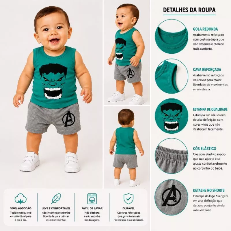 Conjunto Infantil Camisa + Bermuda Fantasia Hulk Menino mêsvessario