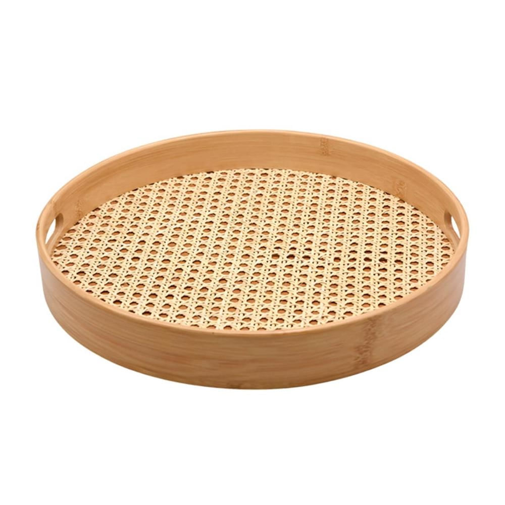 Bandeja Redonda de Bambu e Textura Palhinha Indiana Oikos 35cm Multiuso com Alças