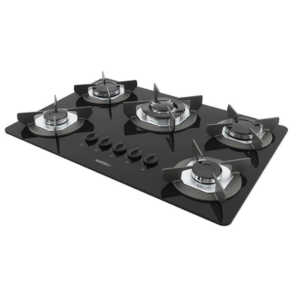 Cooktop a Gás Nardelli Safe 5 Bocas Vidro Temperado Tripla Chama Preto Bivolt
