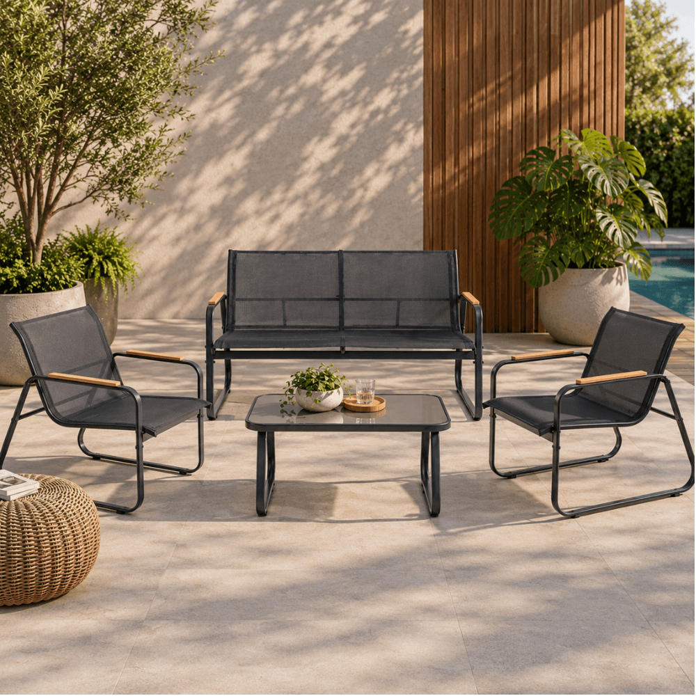 Conjunto de Jardim com Sofá e 2 Poltronas e Mesa de Centro de Aço Preto Coisas e Coisinhas