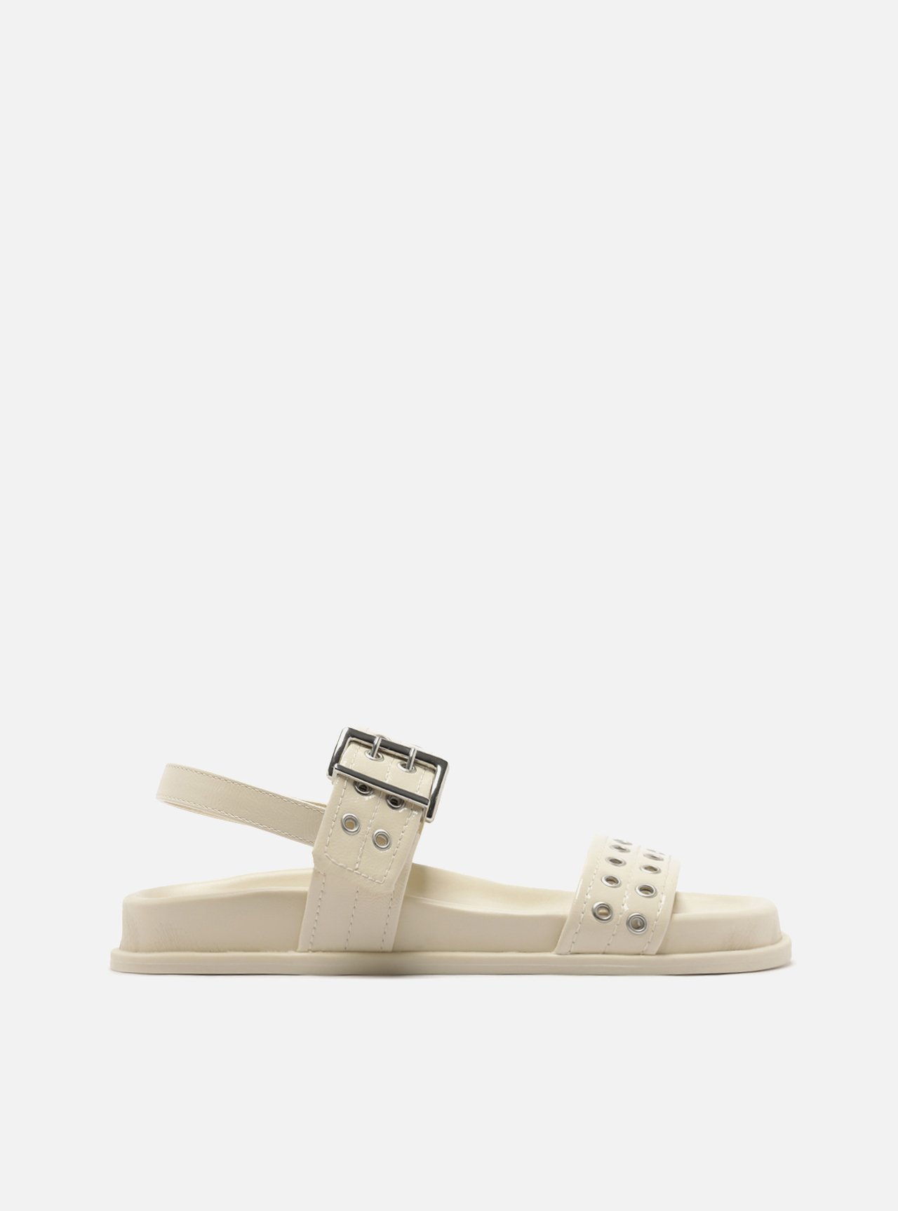 Sandália Rasteira Off White Bico Redondo Fivela Metais