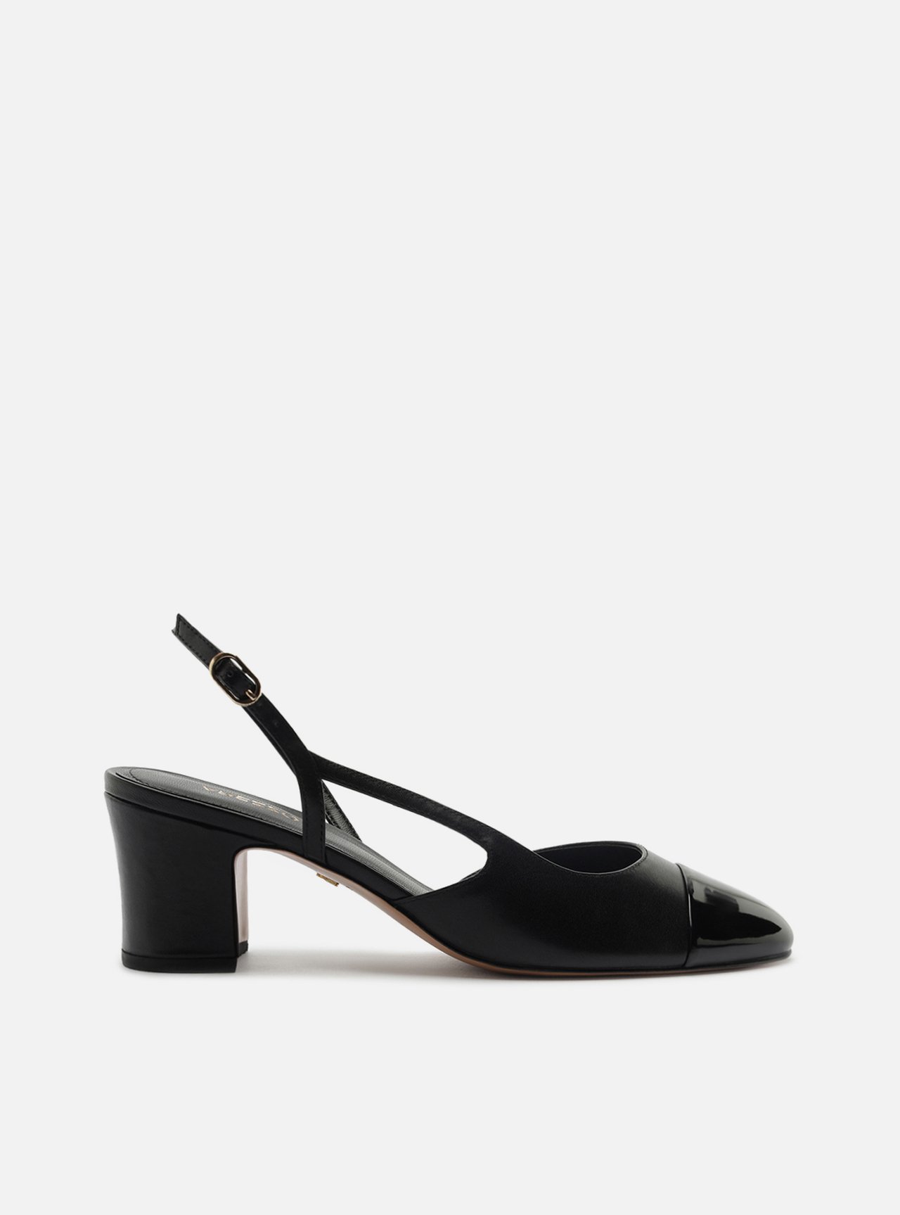 Scarpin Preto Bicolor Couro Salto Médio Bloco Slingback