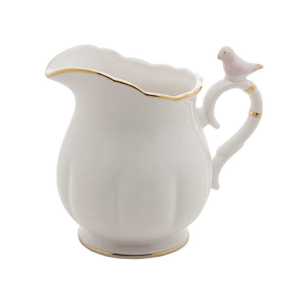 Leiteira Birds De Porcelana 230ml Branco, Dourado E Rosa Wolff