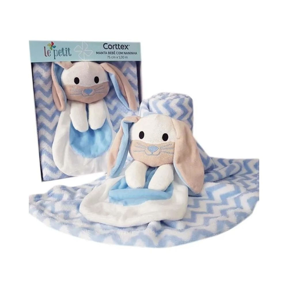 Manta Bebe Com Naninha Coelho Azul 75x100cm - Corttex Unico