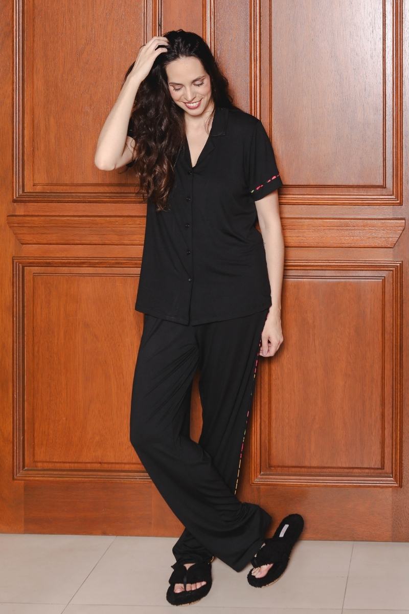 Camisa Pijama Feminina Manga Curta Básica Preta
