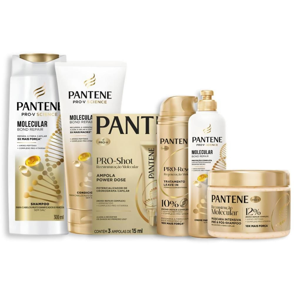 Kit Completo Pantene Molecular Bond Repair: Shampoo 300ml e Condicionador 250 — Kit Completo Pantene Molecular Bond Repair: Shampoo 300ml e Condicionador 250ml + 3 Ampolas PRO-Shot